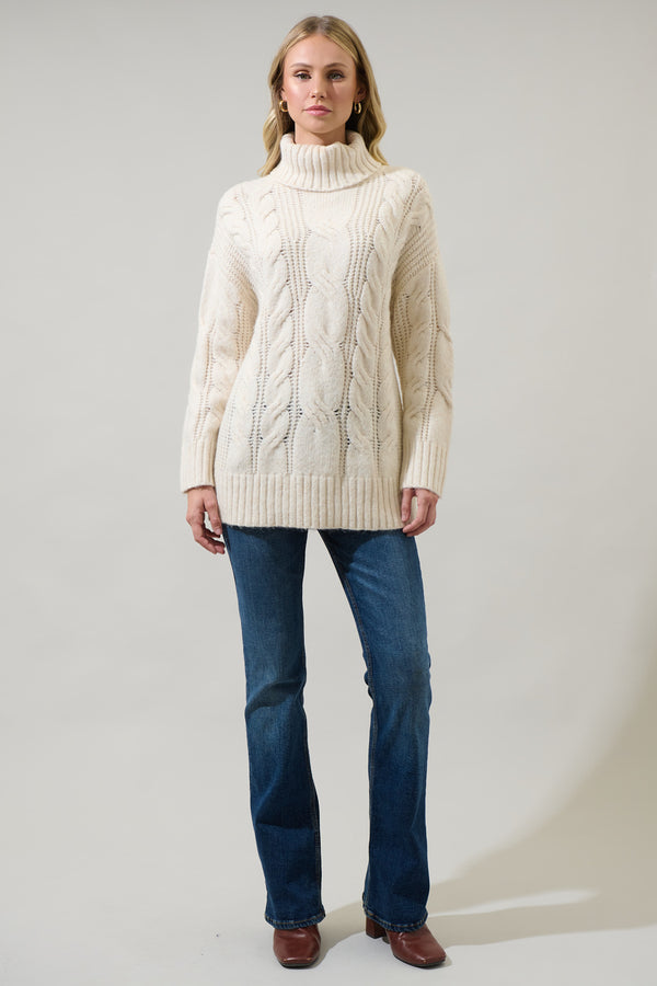 Sugarlips Quarry Cable Knit Turtleneck Tunic Sweater