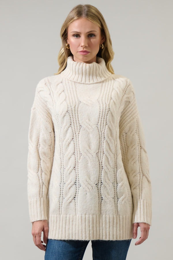 sugarlips Quarry Cable Knit Turtleneck Tunic Sweater