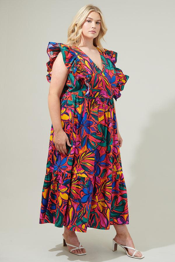Sugarlips Rainbow Tropics Fairness Poplin Surplice Midi Dress Curve