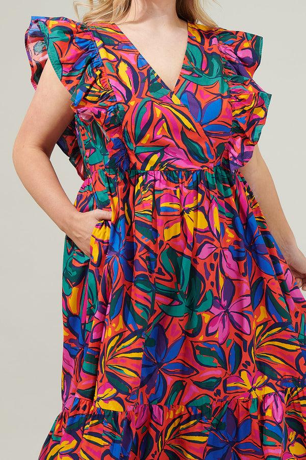 Sugarlips Rainbow Tropics Fairness Poplin Surplice Midi Dress Curve