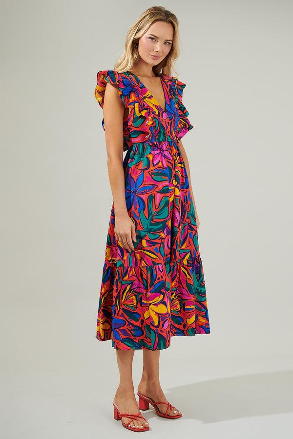 Sugarlips Rainbow Tropics Fairness Poplin Surplice Midi Dress