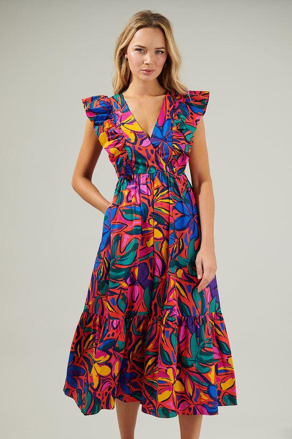 Sugarlips Rainbow Tropics Fairness Poplin Surplice Midi Dress