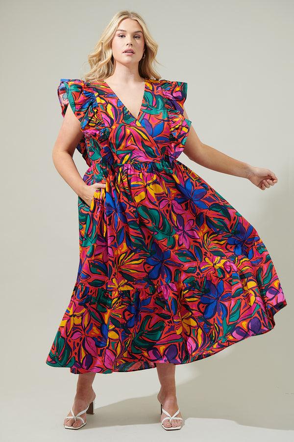 sugarlips Rainbow Tropics Fairness Poplin Surplice Midi Dress Curve
