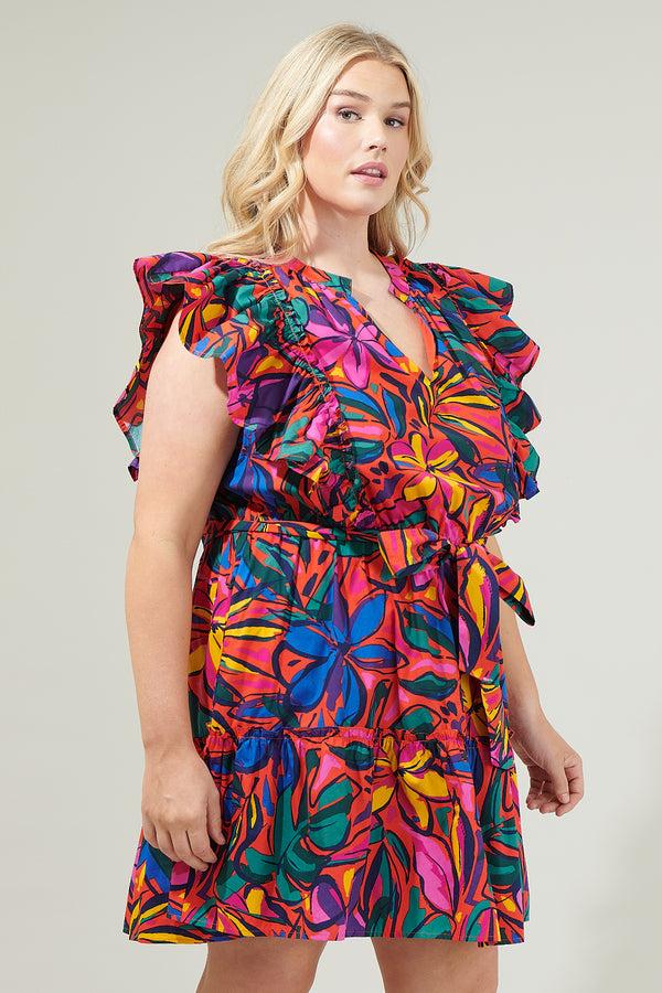 Sugarlips Rainbow Tropics Floral Ruffle Mini Dress Curve