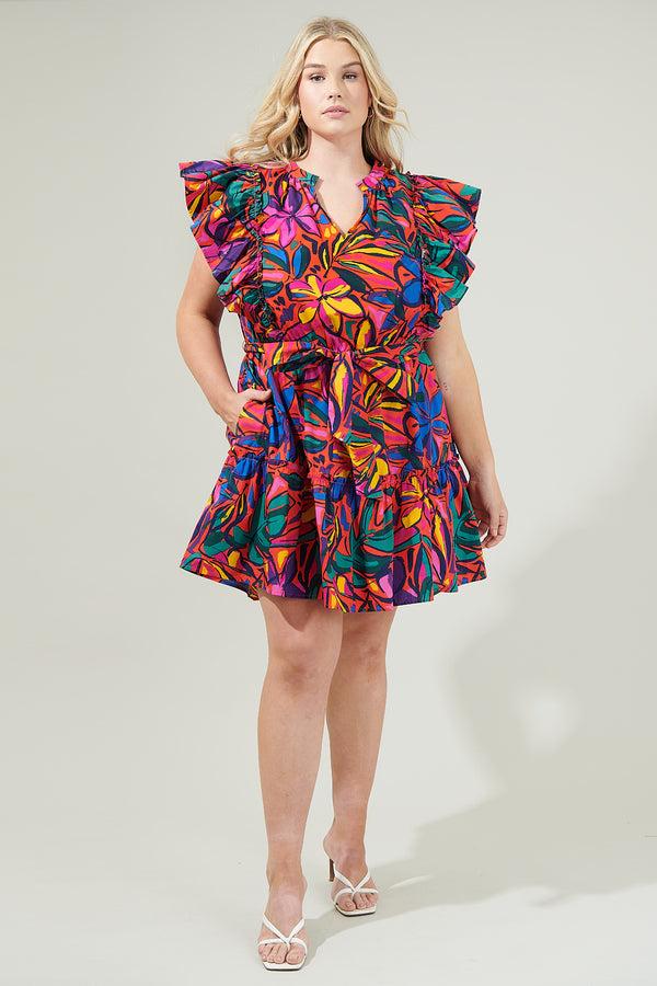 Sugarlips Rainbow Tropics Floral Ruffle Mini Dress Curve