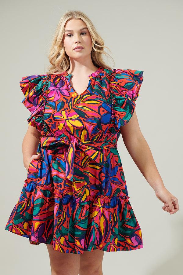 sugarlips Rainbow Tropics Floral Ruffle Mini Dress Curve