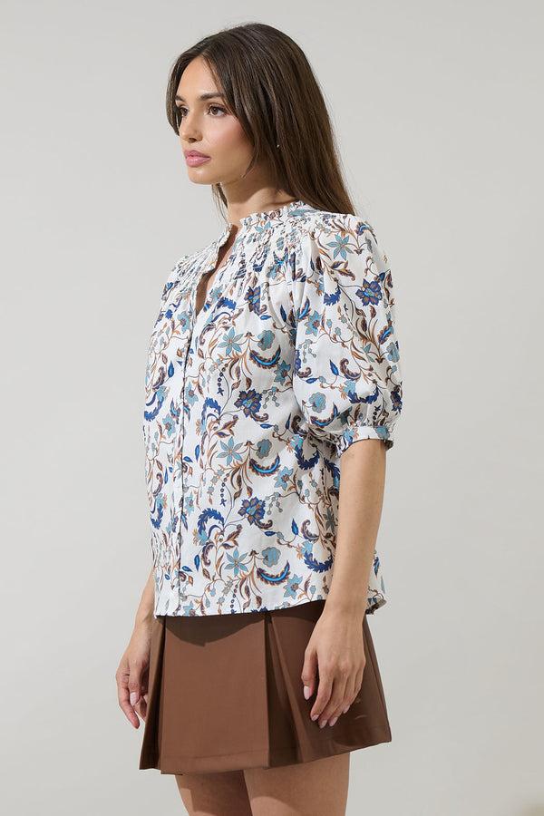 Sugarlips Ralston Floral Blossom Smocked Mock Neck Top