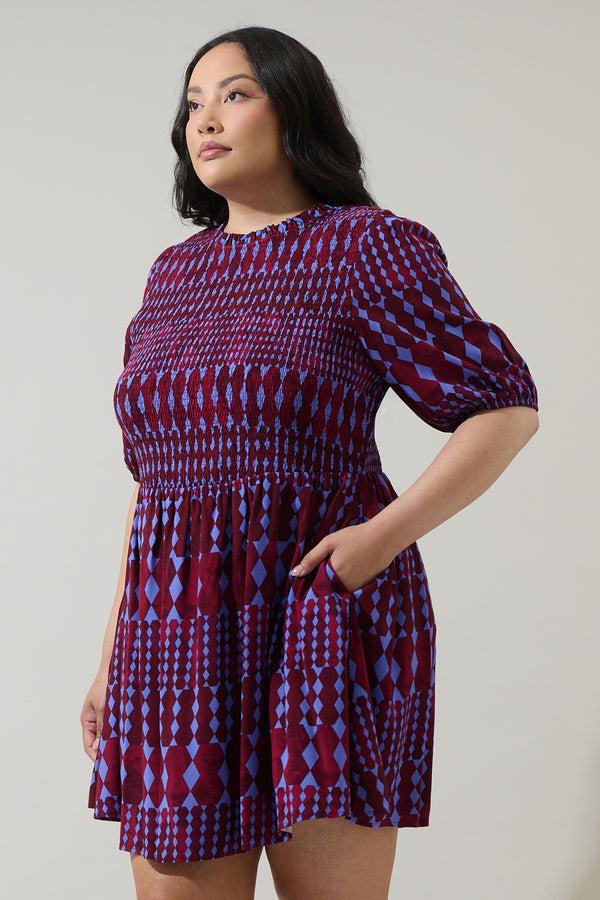 Sugarlips Ramsay Abstract Sulen Smocked Mini Dress Curve