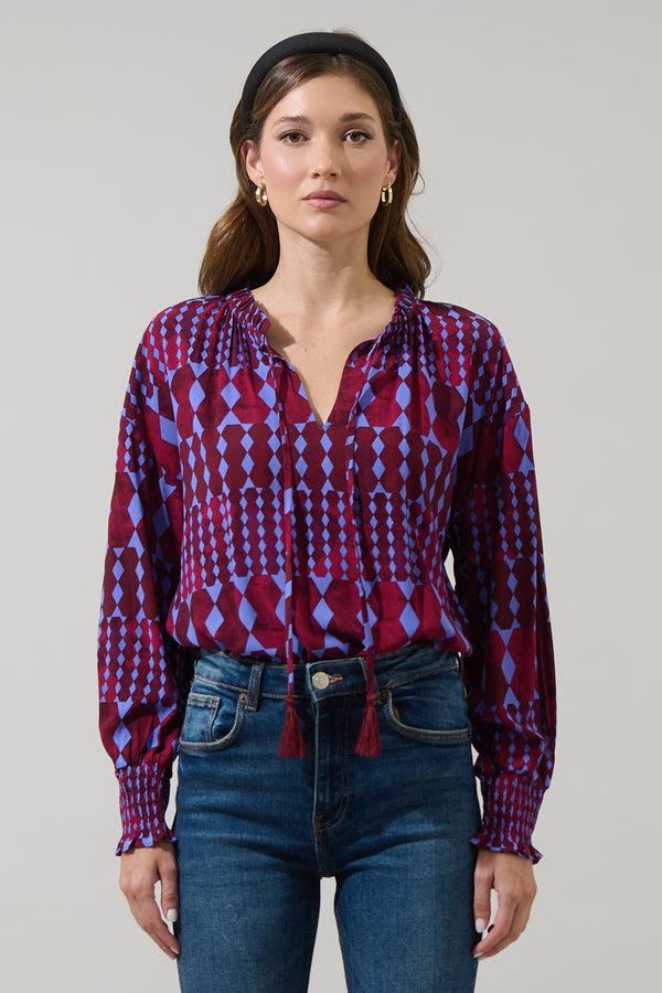 Sugarlips Ramsay Abstract Weylin Split Neck Tassel Blouse