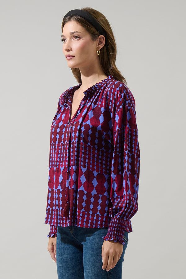 Sugarlips Ramsay Abstract Weylin Split Neck Tassel Blouse