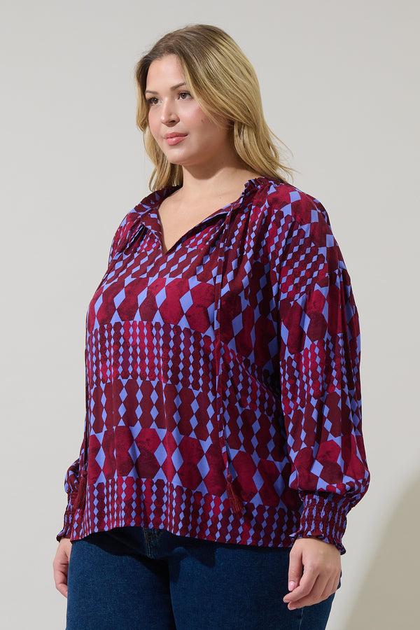 Sugarlips Ramsay Abstract Weylin Split Neck Tassel Blouse Curve