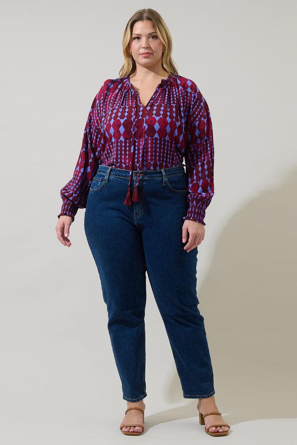 Sugarlips Ramsay Abstract Weylin Split Neck Tassel Blouse Curve