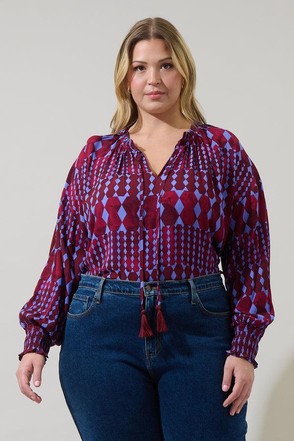 sugarlips Ramsay Abstract Weylin Split Neck Tassel Blouse Curve