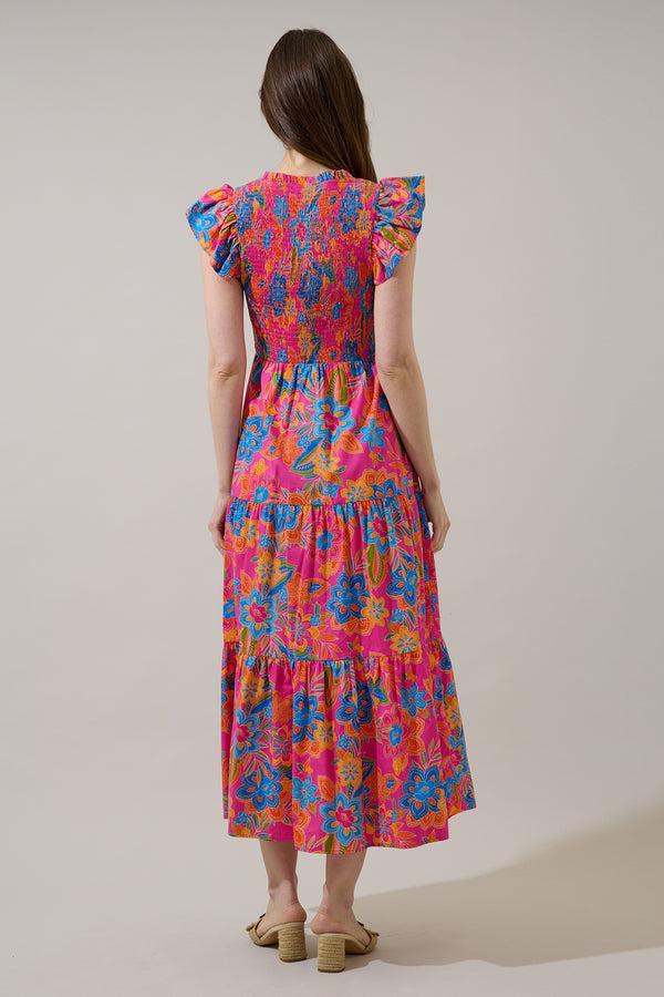 Sugarlips Ranchero Floral Sunfire Smocked Bodice Tiered Midi Dress