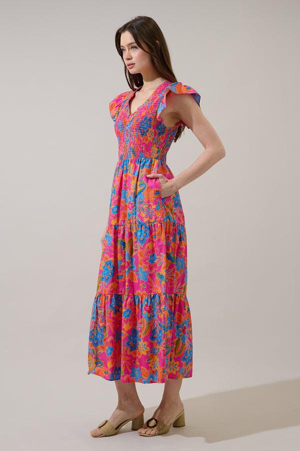 Sugarlips Ranchero Floral Sunfire Smocked Bodice Tiered Midi Dress