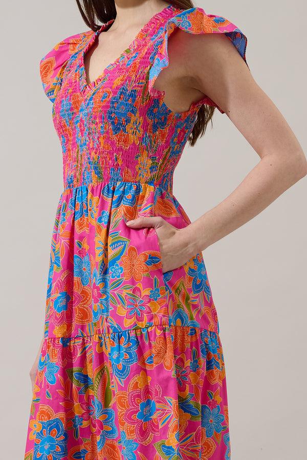 Sugarlips Ranchero Floral Sunfire Smocked Bodice Tiered Midi Dress