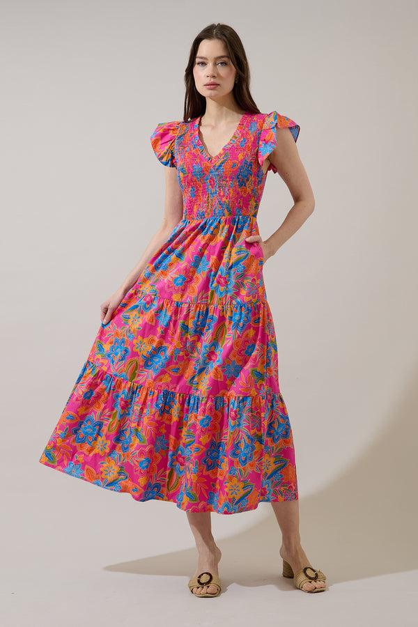 sugarlips Ranchero Floral Sunfire Smocked Bodice Tiered Midi Dress