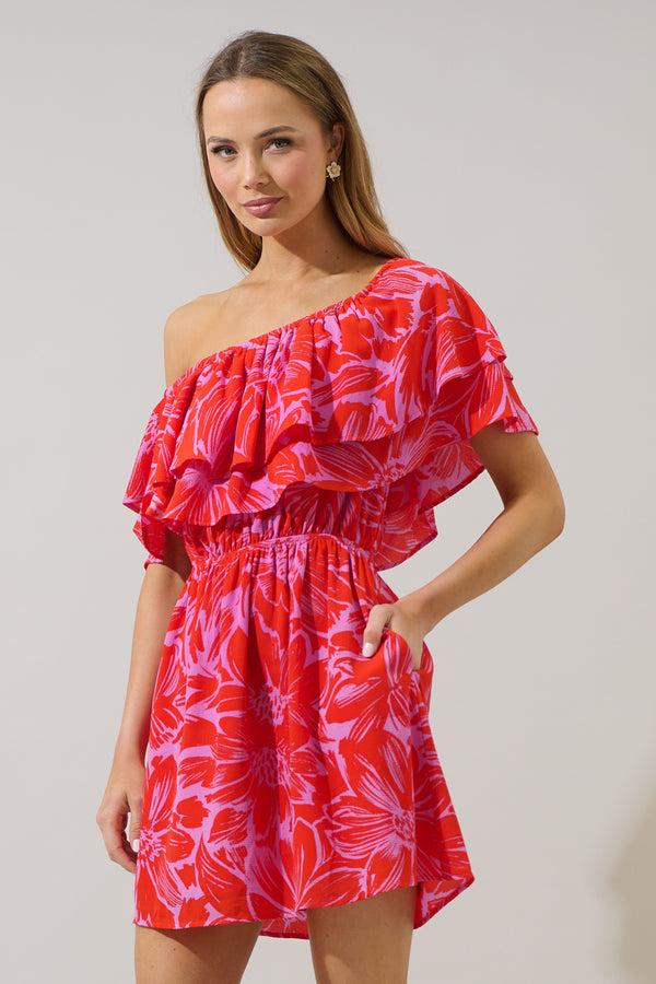 Sugarlips Rania Floral Audra Ruffle One Shoulder Mini Dress