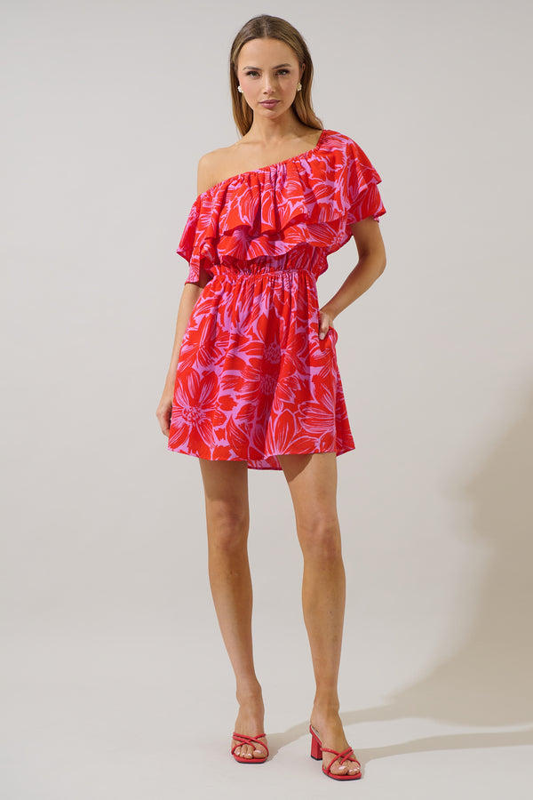 Sugarlips Rania Floral Audra Ruffle One Shoulder Mini Dress