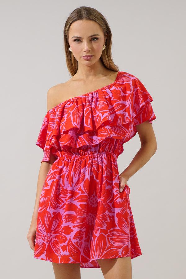 sugarlips Rania Floral Audra Ruffle One Shoulder Mini Dress