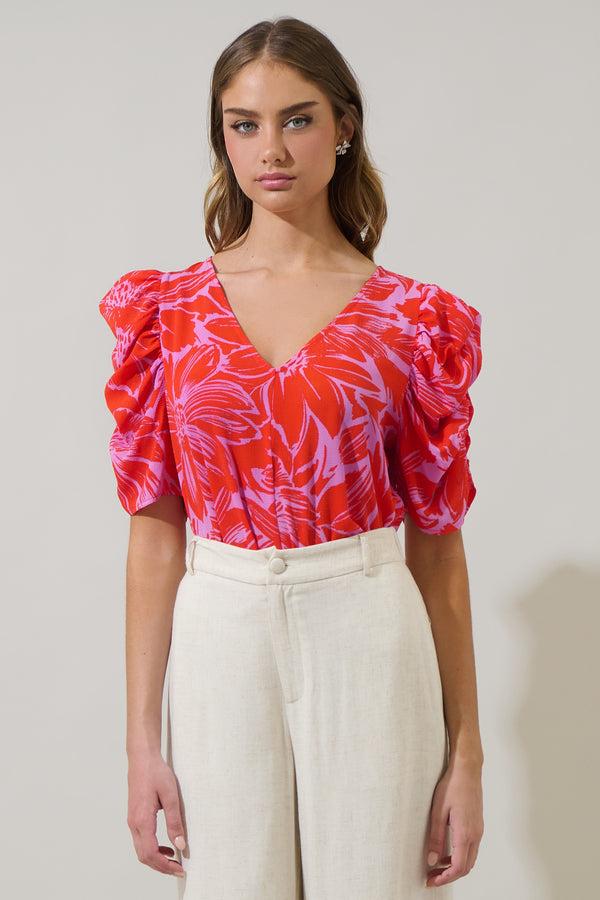 sugarlips Rania Floral Chancellor Ruched Sleeve Blouse