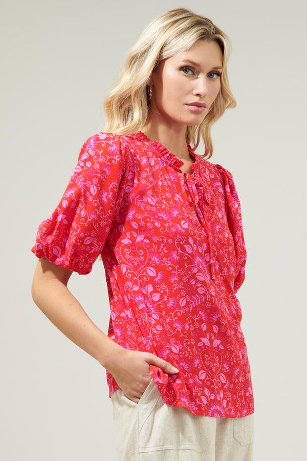 Sugarlips Ranier Pink Paisley Bluebay Puff Sleeve Blouse