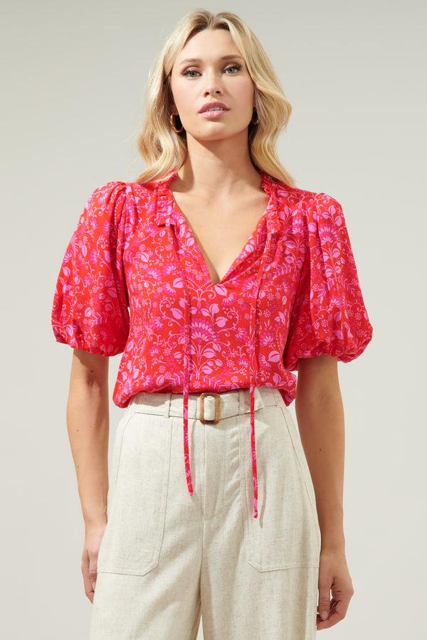 sugarlips Ranier Pink Paisley Bluebay Puff Sleeve Blouse
