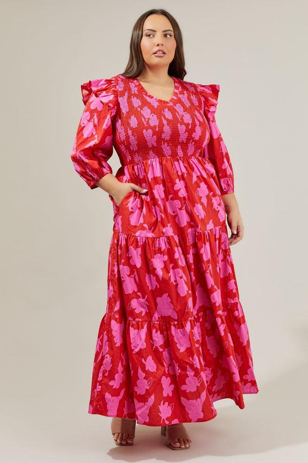 Sugarlips Raspberry Bliss Brighton Smocked Poplin Maxi Dress Curve