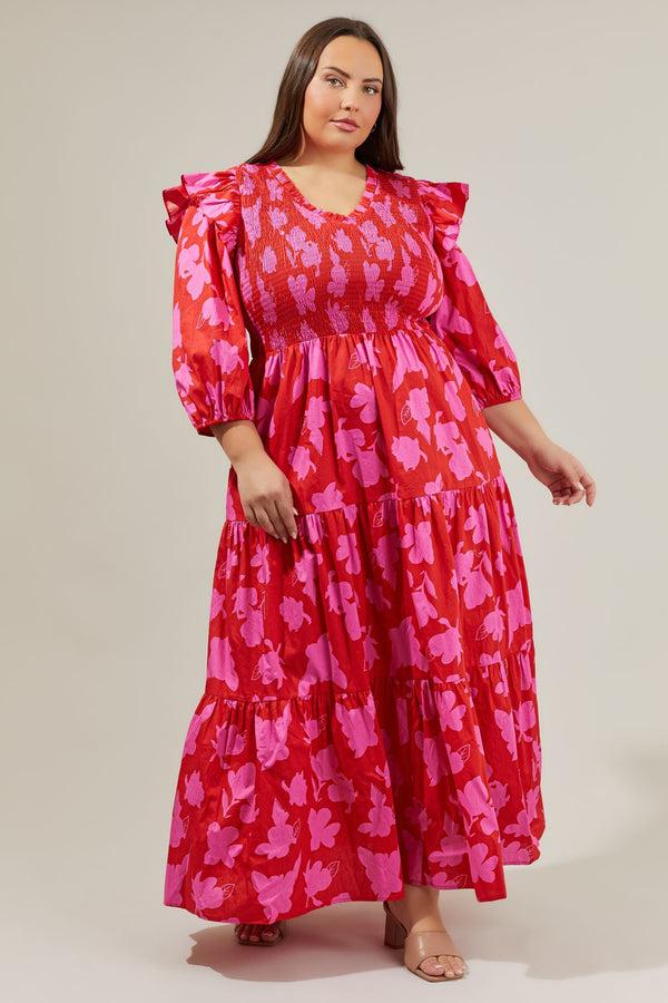 sugarlips Raspberry Bliss Brighton Smocked Poplin Maxi Dress Curve