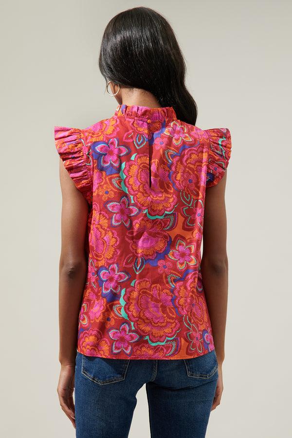 Sugarlips Raveena Floral Gabrielle Mock Neck Poplin Top