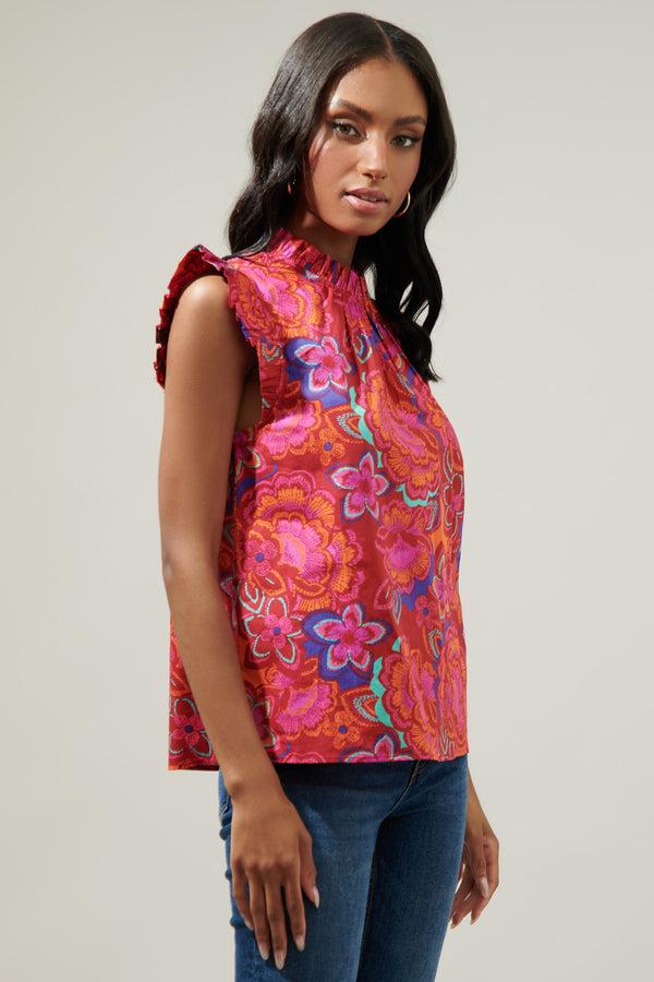 Sugarlips Raveena Floral Gabrielle Mock Neck Poplin Top