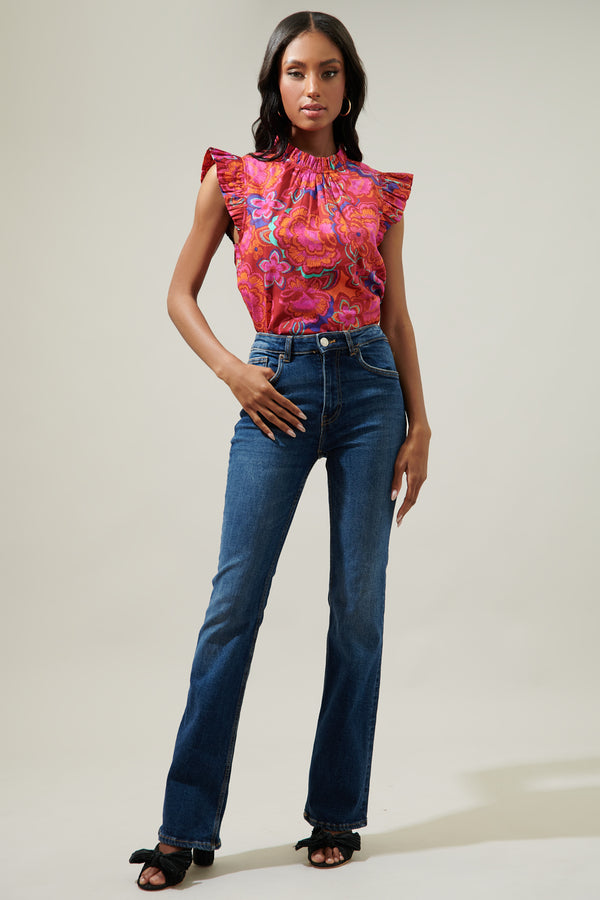 Sugarlips Raveena Floral Gabrielle Mock Neck Poplin Top