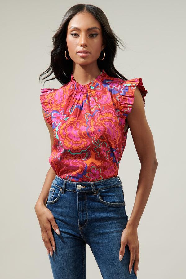 sugarlips Raveena Floral Gabrielle Mock Neck Poplin Top