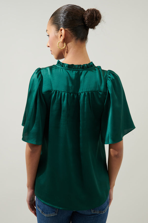 Sugarlips Remi Satin Tie Neck Flutter Sleeve Blouse