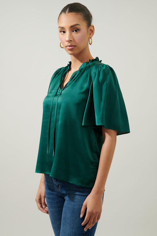 Sugarlips Remi Satin Tie Neck Flutter Sleeve Blouse