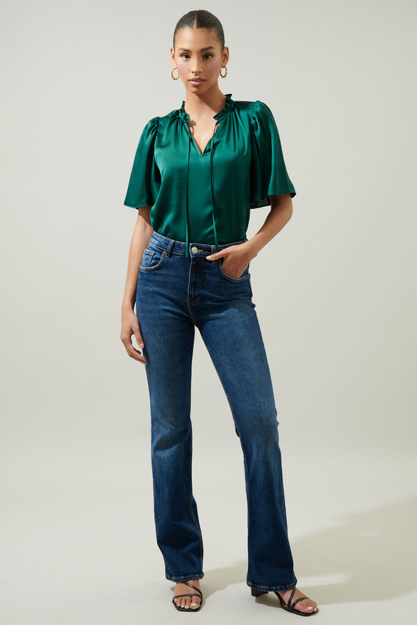 Sugarlips Remi Satin Tie Neck Flutter Sleeve Blouse