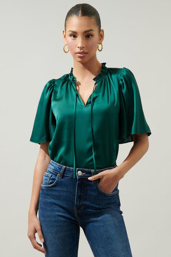 sugarlips Remi Satin Tie Neck Flutter Sleeve Blouse