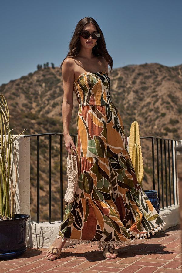 sugarlips Renia Tropical Eve Strapless Smocked Jumpsuit