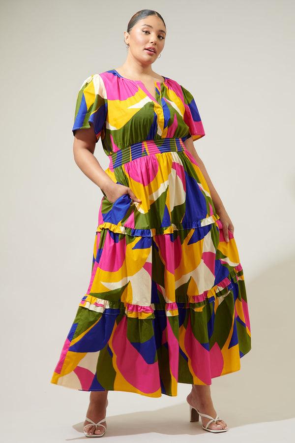 Sugarlips Rio Abstract Palmer Poplin Tiered Maxi Dress Curve