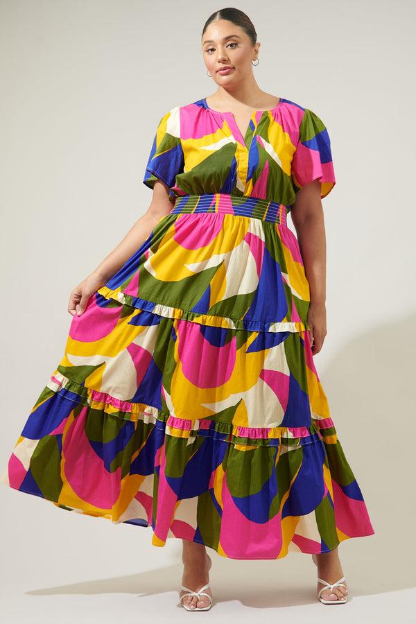 sugarlips Rio Abstract Palmer Poplin Tiered Maxi Dress Curve