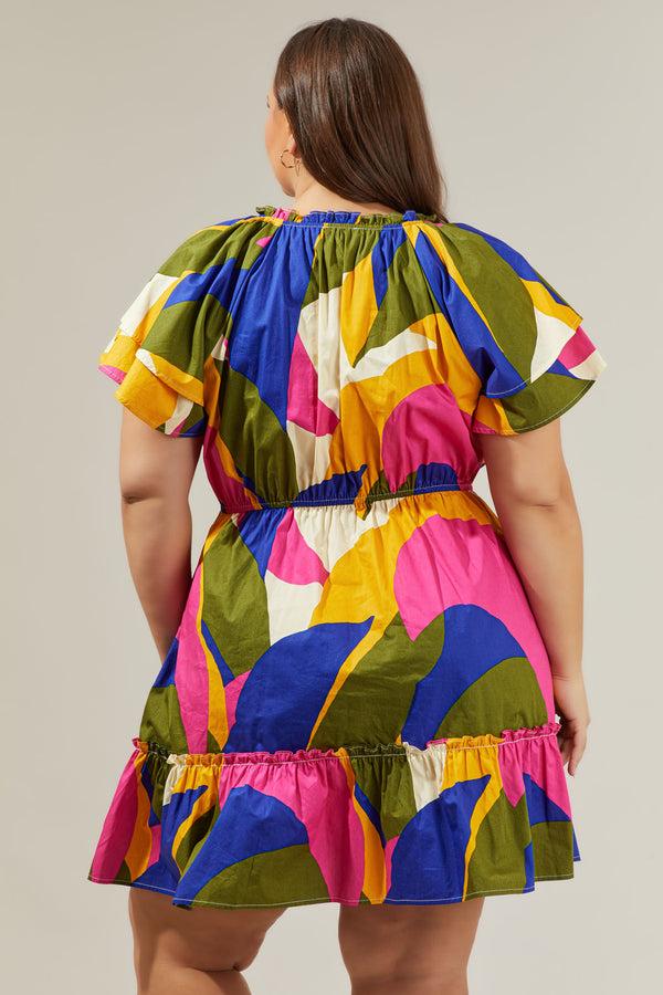 Sugarlips Rio Abstract Riley Poplin Short Sleeve Mini Dress Curve