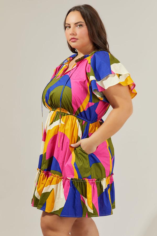 Sugarlips Rio Abstract Riley Poplin Short Sleeve Mini Dress Curve