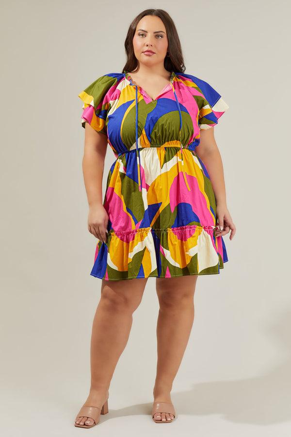 Sugarlips Rio Abstract Riley Poplin Short Sleeve Mini Dress Curve