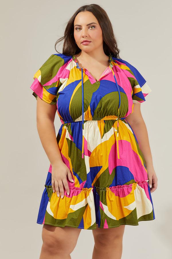 sugarlips Rio Abstract Riley Poplin Short Sleeve Mini Dress Curve