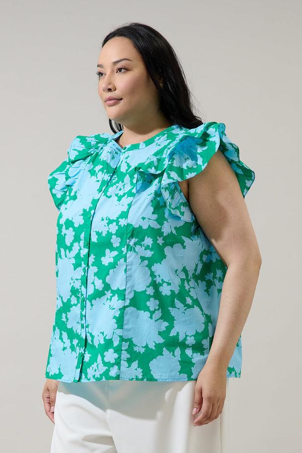 Sugarlips Riona Floral Sammi Button Down Ruffle Top Curve