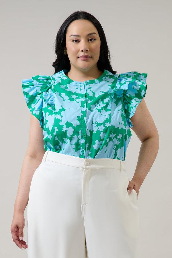 sugarlips Riona Floral Sammi Button Down Ruffle Top Curve
