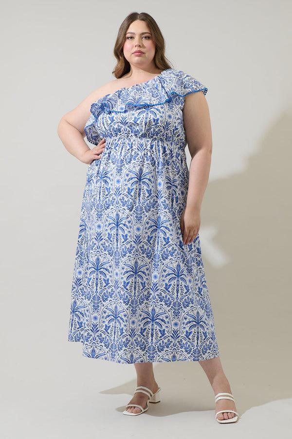 sugarlips Romina Tropical Suraya One Shoulder Midi Dress Curve