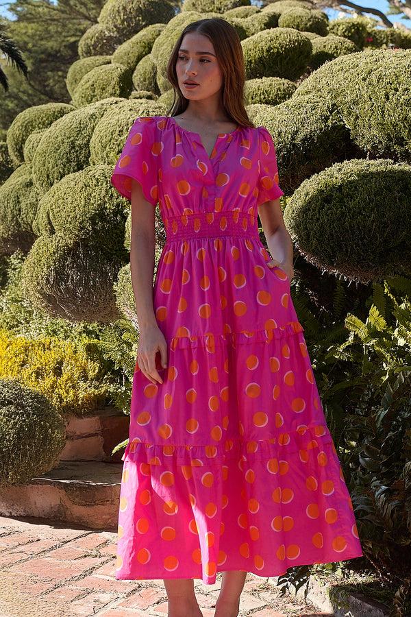 sugarlips Rosy Polka Dot Palmer Poplin Tiered Maxi Dress