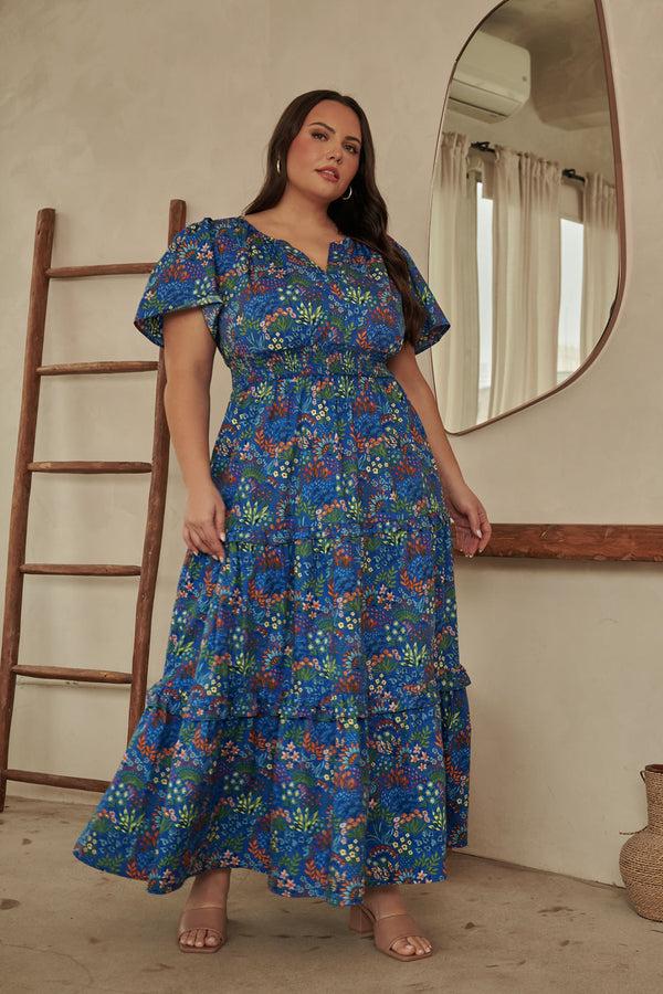 sugarlips Ruya Floral Palmer Poplin Tiered Maxi Dress Curve