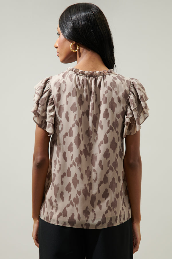 Sugarlips Sandalwood Leopard Montie Ruffle Tie Neck Blouse